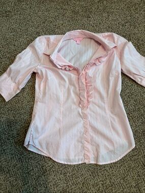 Lilly Pulitzer Pink Striped Ruffle-Front Button Down Shirt 6